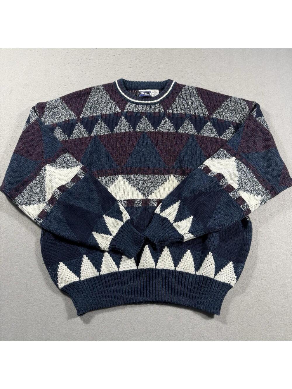 Vintage Todays News Geometric Knit Sweater Mens XL Blue Abstract 90s USA Grandpa